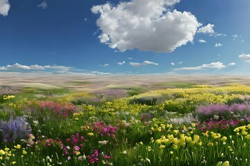 Fototapeta premium Illustration of a flower meadow in spring. Generative AI