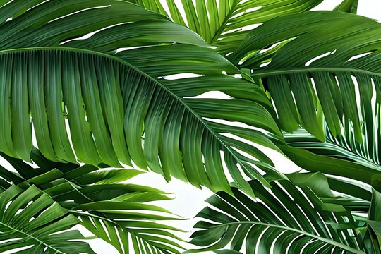 Horizontal artwork composition of trendy tropical green leaves monstera, palm and ficus elastica isolated on white background (computer rendered). Generative AI