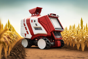 Farms in rural areas can benefit from using a tiny red corn combine harvester tractor equipped with an AI robot for automatic control of the growing and harvesting processes. Innovation in the agricul