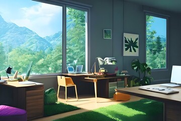 Fototapeta na wymiar Lofi empty interior. Messy desk, window view of a forest, jungle. Anime, manga style. Colorful study lofi desk. Cozy chill vibe. Hiphop atmoshperic lighs. Generative AI