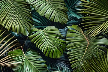 Lush colorful tropical leaves, dark background. Generative AI