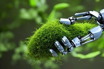 Nature and technology abstract concept, robot hand and natural hand covered with grass reaching to each other, tech and nature union, cooperation, 3d rendering. Generative AI - obrazy, fototapety, plakaty