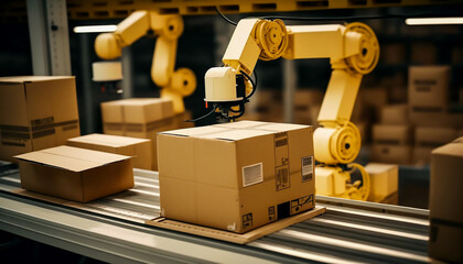 Robotic Arms working with Carton boxes on Conveyor belt in Warehouse for product storage and logistics, generative ai