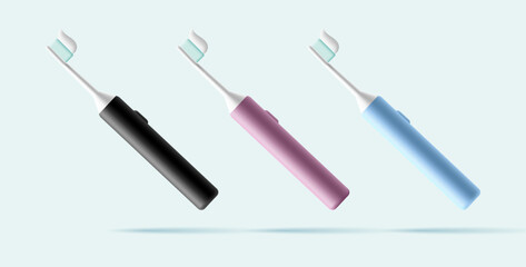 3D set of modern electric toothbrushes for dental care with paste on the brush. View from the side. Colored brushes for the concept of everyday dental care. Illustration on a white background.