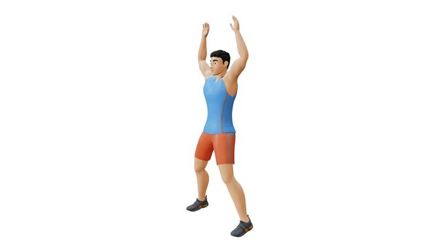 3D man character animation. male workout exercise Jumping Jacks. Perfect for fitness themed productions, health products, diet plans, weight loss program, High Intensity Interval Training. 3D Render