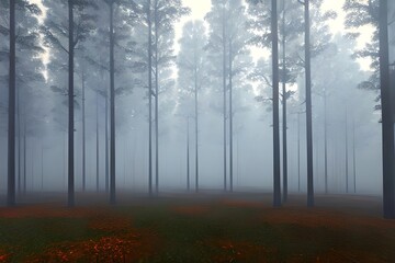 Trees in the fog. The smoke in the forest in the morning. A misty morning among the trees. 3D rendering. Generative AI