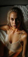 Fototapeta premium Beautiful Women Waking up in Bed, sexy lingerie, underwear ai generative