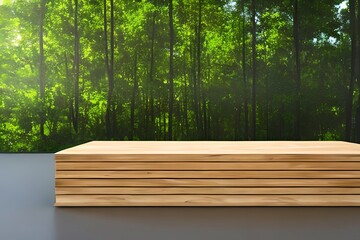 Fototapeta na wymiar Wooden product display podium with blurred nature leaves background. 3D rendering. Generative AI