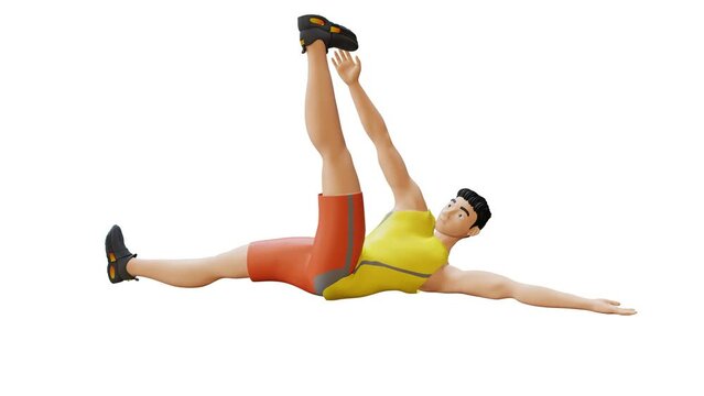 Man Character doing Star Crunch exercise. Abdominals exercise in 3d animation and illustration isolated on white background. Star Crunch animation workout. 3D Render