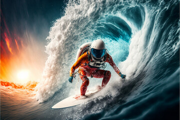Astronaut Surfer on big ocean wave. Caught a large wave. Extreme sport. created with AI