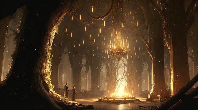 Elvish interior hall way with big tree and glitter glow light shine ambient festive atmosphere, Generative Ai