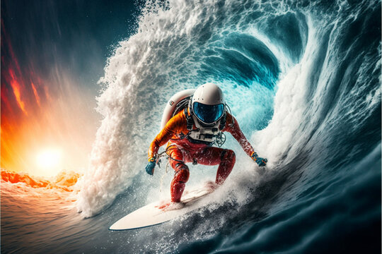 Astronaut Surfer on big ocean wave. Caught a large wave. Extreme sport. created with AI