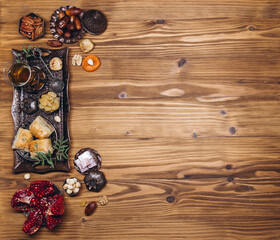 Ramadan table top view. Banner with traditional Arabic dishes, cup of tea and food sets