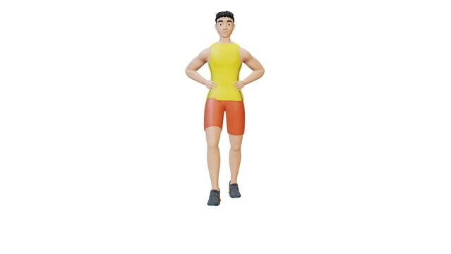 3d Animation. In front view character male doing Forward Lunges exercise. Perfect for fitness themed productions, health products, diet plans, weight loss program, Leg and Butt Exercise. 3D Render