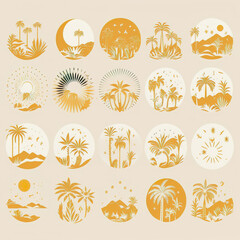 Obraz premium Various logos, icons and symbols, sun, palm trees, island, landscape. Abstract design elements. AI generated vector illustration.