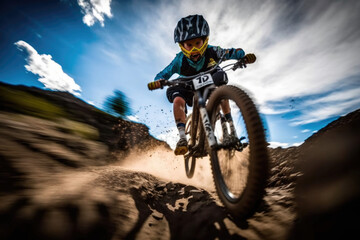 Naklejka premium Adventurous Child on a Mountain Bike: Thrilling Ride on the Trail for Kids toddlers AI Generative