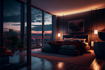 Luxurious bedroom design with shady photography technique. Modern bedroom interior with big windows. High quality illustration - obrazy, fototapety, plakaty