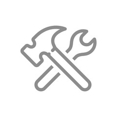 Wrench and hammer crossed line vector icon. Spanner, settings outline symbol.