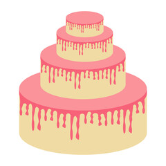 pink four-tiered cake  vector flat illustration, wedding cake with pink roses