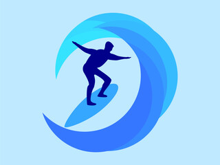 Silhouette of a surfer on a surfboard. Wave riding, active recreation, hobby. Design for banners, posters and promotional items. Vector illustration