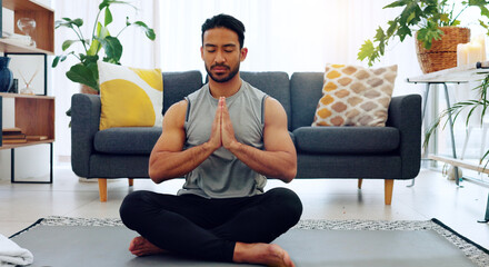 Yoga, namaste man and living room exercise for zen meditation and mental relaxation time in home. Peaceful, spiritual and fitness wellness routine for calm mindset and stress free lifestyle.