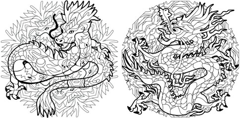 Zentangle dragons on mandala for coloring. Hand drawn decorative vector illustration