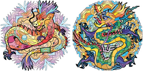 Obraz na płótnie Canvas Zentangle dragons on mandala. Hand drawn decorative vector illustration