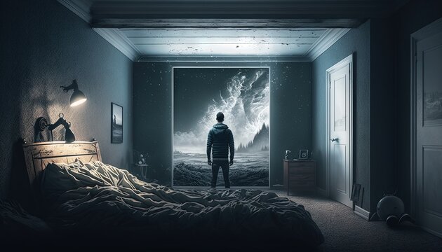Man standing in his bedroom. Portal to another dimension. Lucid dreaming concept illustration generative i.