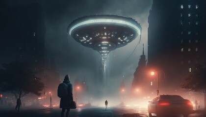UFO invasion of the city with a view of the night city. Generative AI