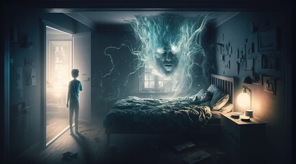 Bedroom. The big evil face of a woman watching. Lucid dreaming generative ai.
