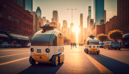 Fototapeta premium Autonomous robots deliver food to customers on road in city, Generative AI
