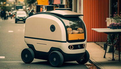 Autonomous robots deliver food to customers on road in city, Generative AI