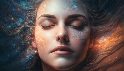 Lucid dreaming meditation woman close up floating in space galaxies stars dreaming illustration generative ai	
