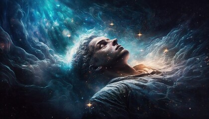 Lucid dreaming meditation man  floating in space galaxies stars dreaming illustration generative ai	