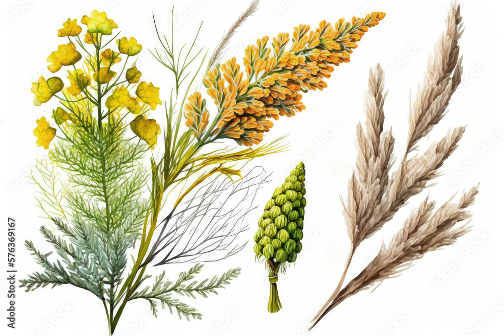 Poster A watercolor of wheat ears with a dill bloom and some yellow leaves. Ideas associated with autumn. The harvest and thanksgiving bouquet is displayed against a white background. Generative AI