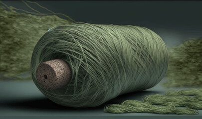  a ball of green yarn next to a spool of green yarn.  generative ai