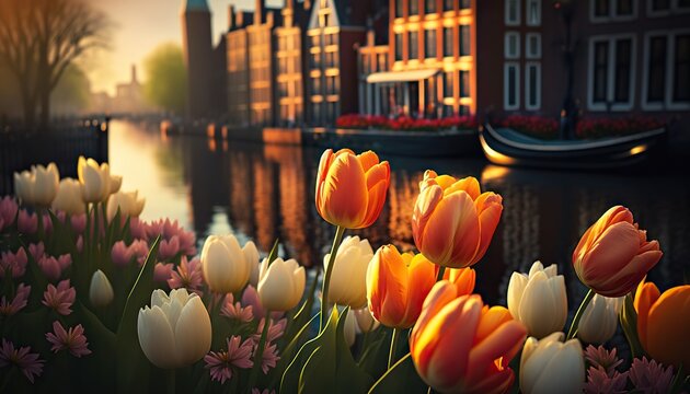 Blooming dutch tulips on background of Amsterdam canals. Based on Generative AI