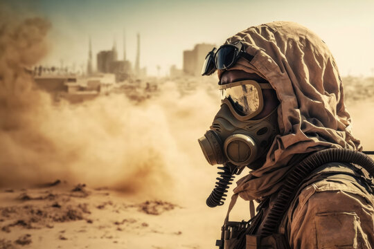 Dust storm in the city, man with gas mask and oxygen cylinder to protect against dust, Generative AI.