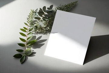 Blank wedding card invitation mock up with natural leaves for decorated background, minimal design card, generative Ai