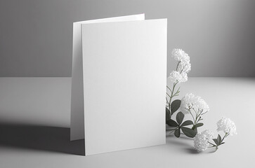 Blank wedding card invitation mock up with natural flower for decorated background, minimal design card, generative Ai
