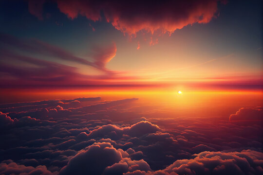 Beautiful sunset above clouds from airplane perspective.