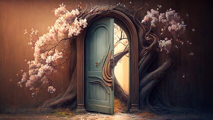 Fairy door to spring in blossom wood illustration art for fairy tale generative ai