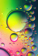 Macro shot of colored oil drops in liquid.