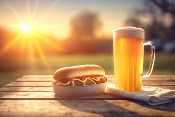 enjoy a tasty hot dog while lounging in the park on a sunny afternoon, a cold beer closeup at picnic. AI generative