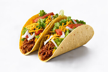 Two tacos side-by-side isolated on a white background Generative AI - obrazy, fototapety, plakaty