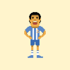 pixel art character football player use blue and white t shirt and black hair good for your game and project.