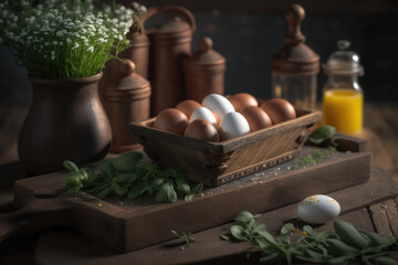 Fototapeta na wymiar Farm-Fresh Eggs on Wooden Table: the Serenity of the Countryside - AI Generative