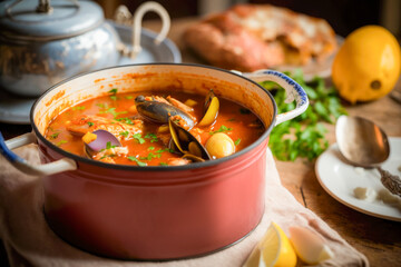 authentic French soup Bouillabaisse cooked in big pot. AI generative - obrazy, fototapety, plakaty
