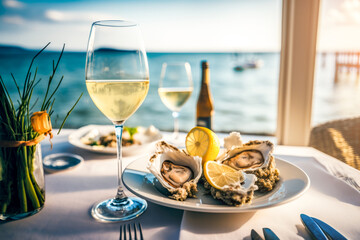 Feast on some freshly shucked oysters and savor a glass of white wine in a vibrant seafood eatery. AI generative - obrazy, fototapety, plakaty