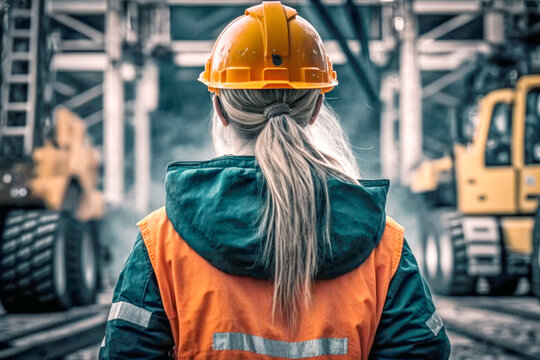 A young female worker wearing a protective helmet and safety gear on a construction site. AI generative